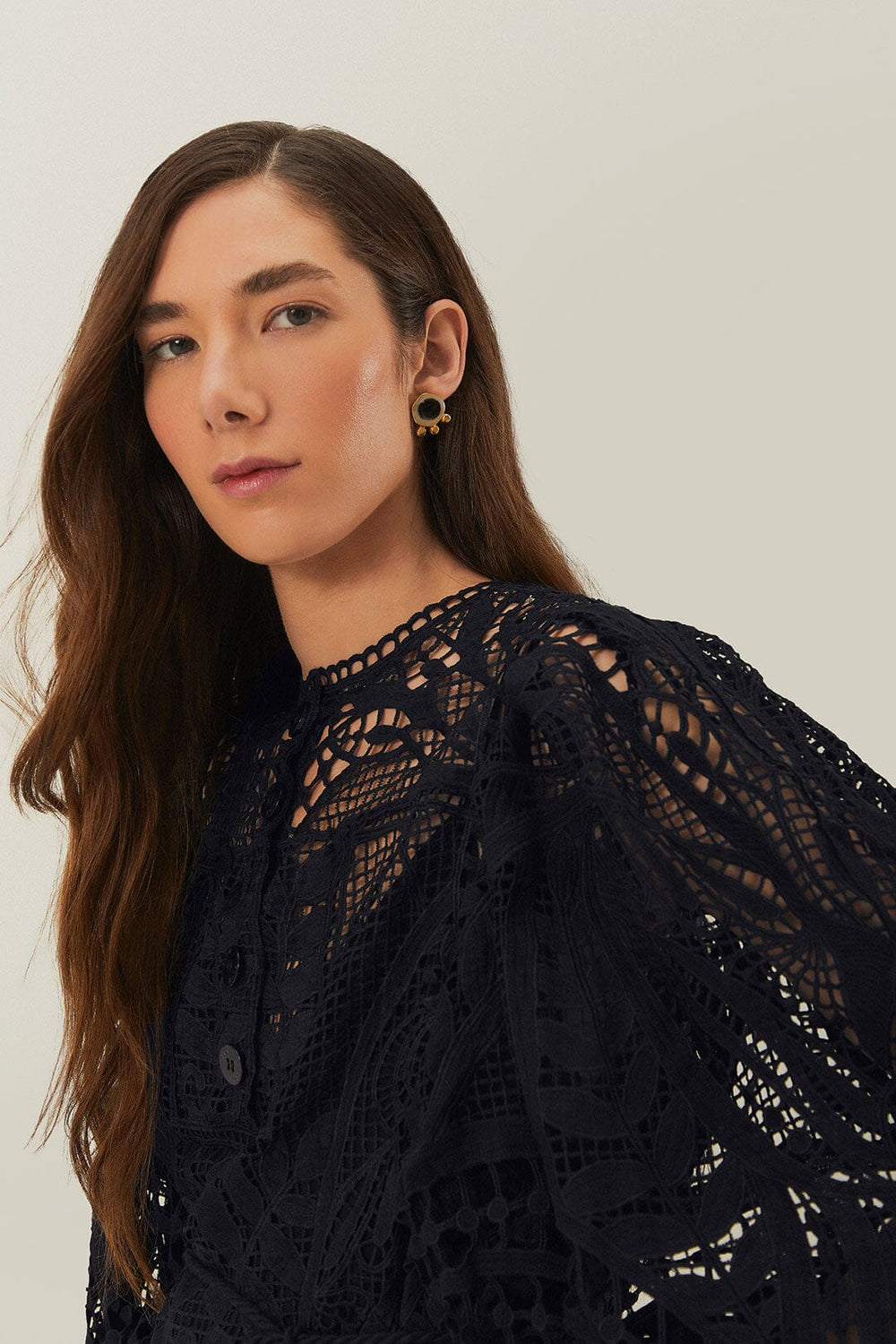 Black Guipire Puff Sleeve Blouse | FARM Rio Discount