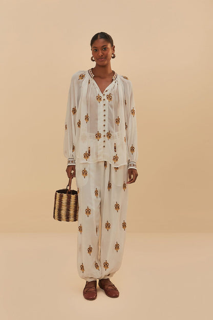 Off-White Anchor Tapestry Embroidered Long Sleeve Blouse | FARM Rio Outlet