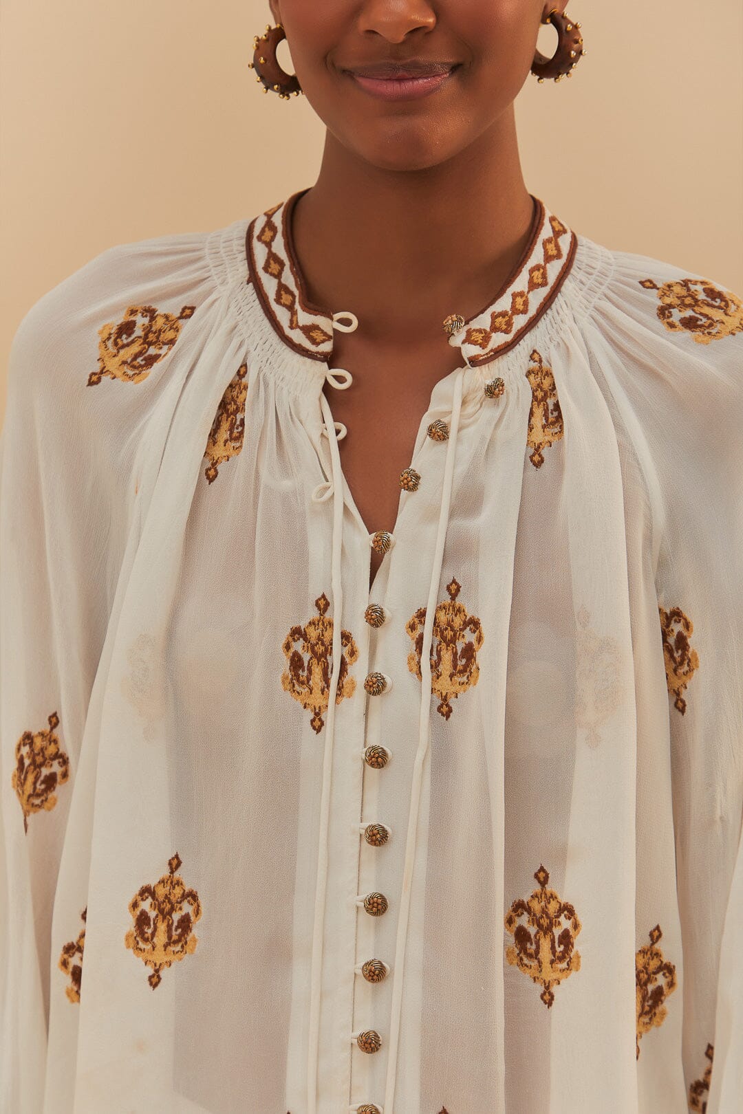 Off-White Anchor Tapestry Embroidered Long Sleeve Blouse | FARM Rio Outlet