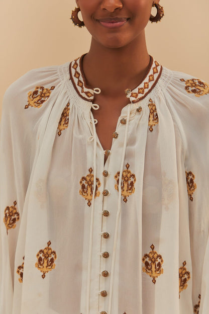 Off-White Anchor Tapestry Embroidered Long Sleeve Blouse | FARM Rio Outlet