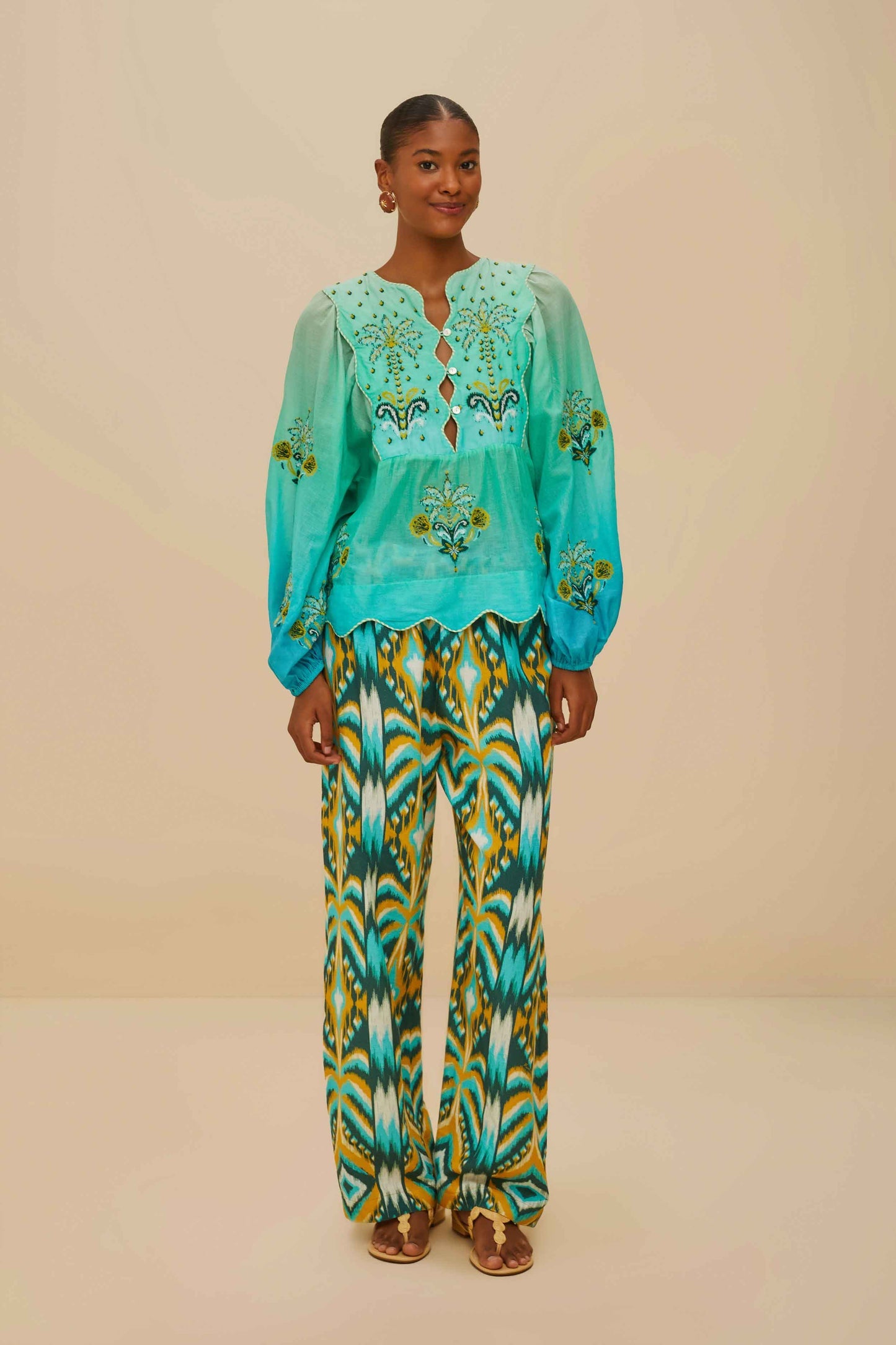 Turquoise Palm Tree Tapestry Blue Wavy Yoke Blouse | FARM Rio