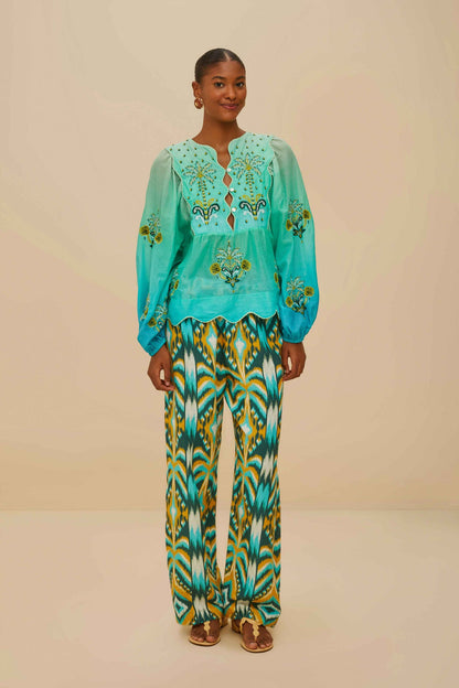 Turquoise Palm Tree Tapestry Blue Wavy Yoke Blouse | FARM Rio