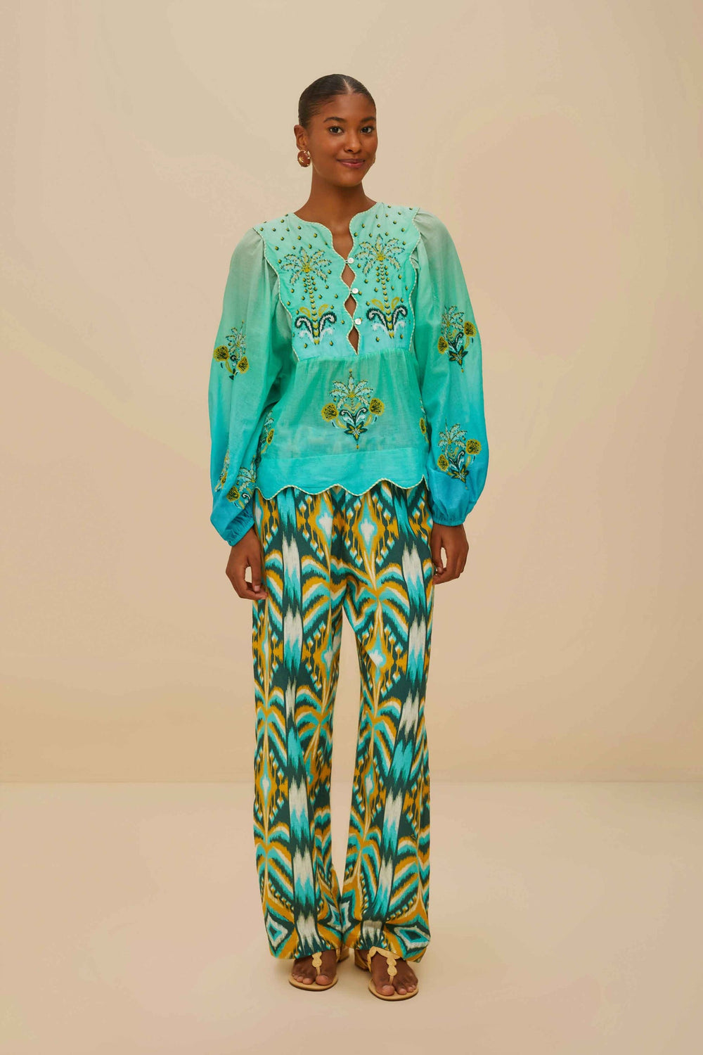 Turquoise Palm Tree Tapestry Blue Wavy Yoke Blouse | FARM Rio
