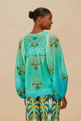 Turquoise Palm Tree Tapestry Blue Wavy Yoke Blouse | FARM Rio