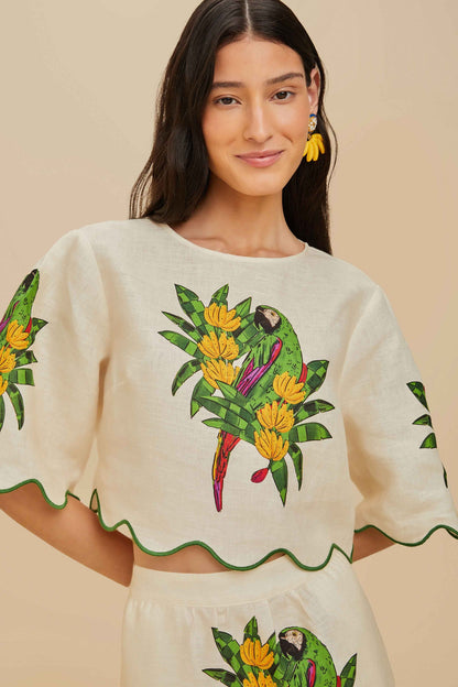 Off-White Maracana Bird Euroflax™ Premium Linen Blouse | FARM Rio Near Me