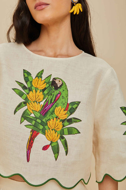 Off-White Maracana Bird Euroflax™ Premium Linen Blouse | FARM Rio Near Me