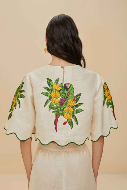 Off-White Maracana Bird Euroflax™ Premium Linen Blouse | FARM Rio Near Me