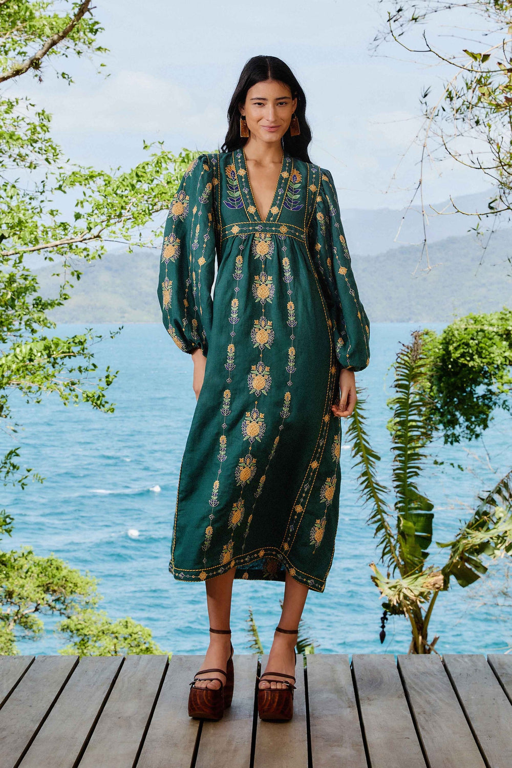 Green Pineapple Embroidered Euroflax™ Premium Linen Tunic Maxi Dress | FARM Rio