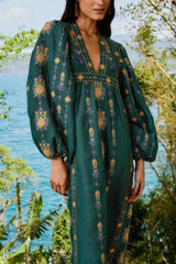 Green Pineapple Embroidered Euroflax™ Premium Linen Tunic Maxi Dress | FARM Rio