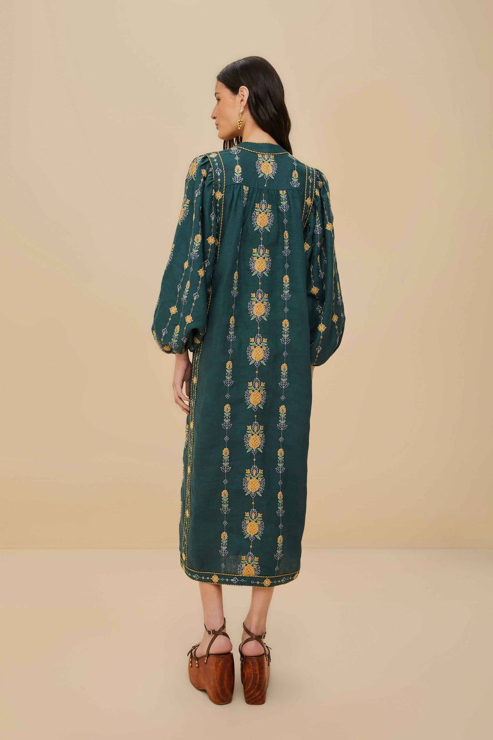 Green Pineapple Embroidered Euroflax™ Premium Linen Tunic Maxi Dress | FARM Rio