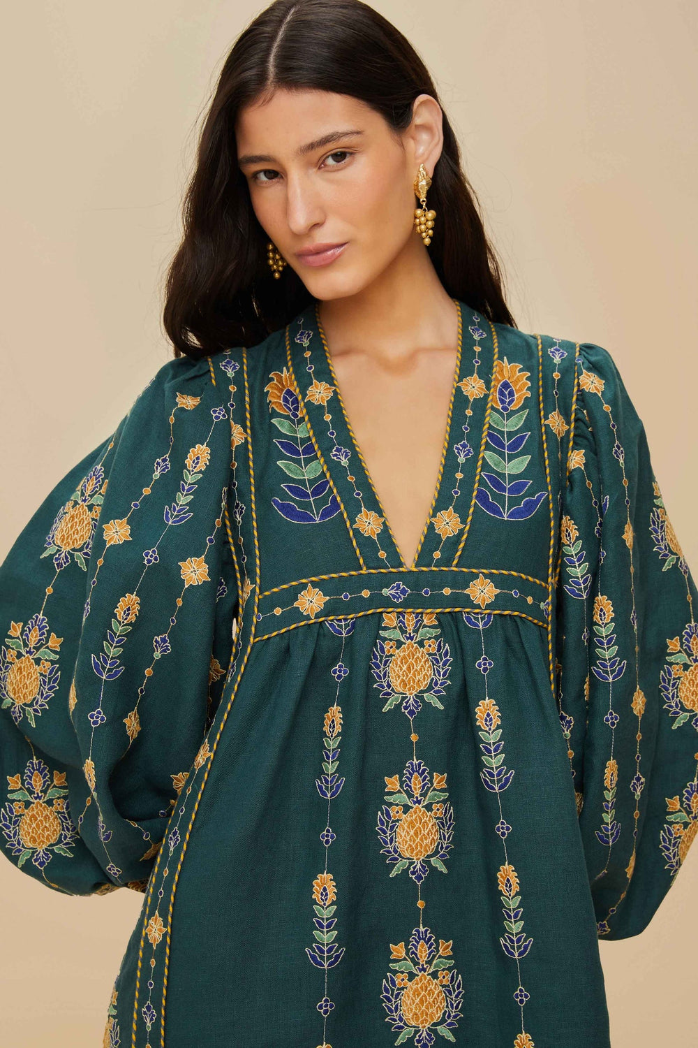 Green Pineapple Embroidered Euroflax™ Premium Linen Tunic Maxi Dress | FARM Rio