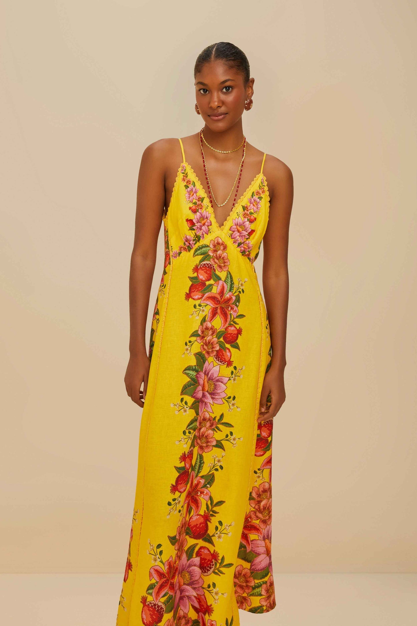 Yellow Summer Fruit Scarf LENZING™ ECOVERO™ Euroflax™ Maxi Dress | FARM Rio Online