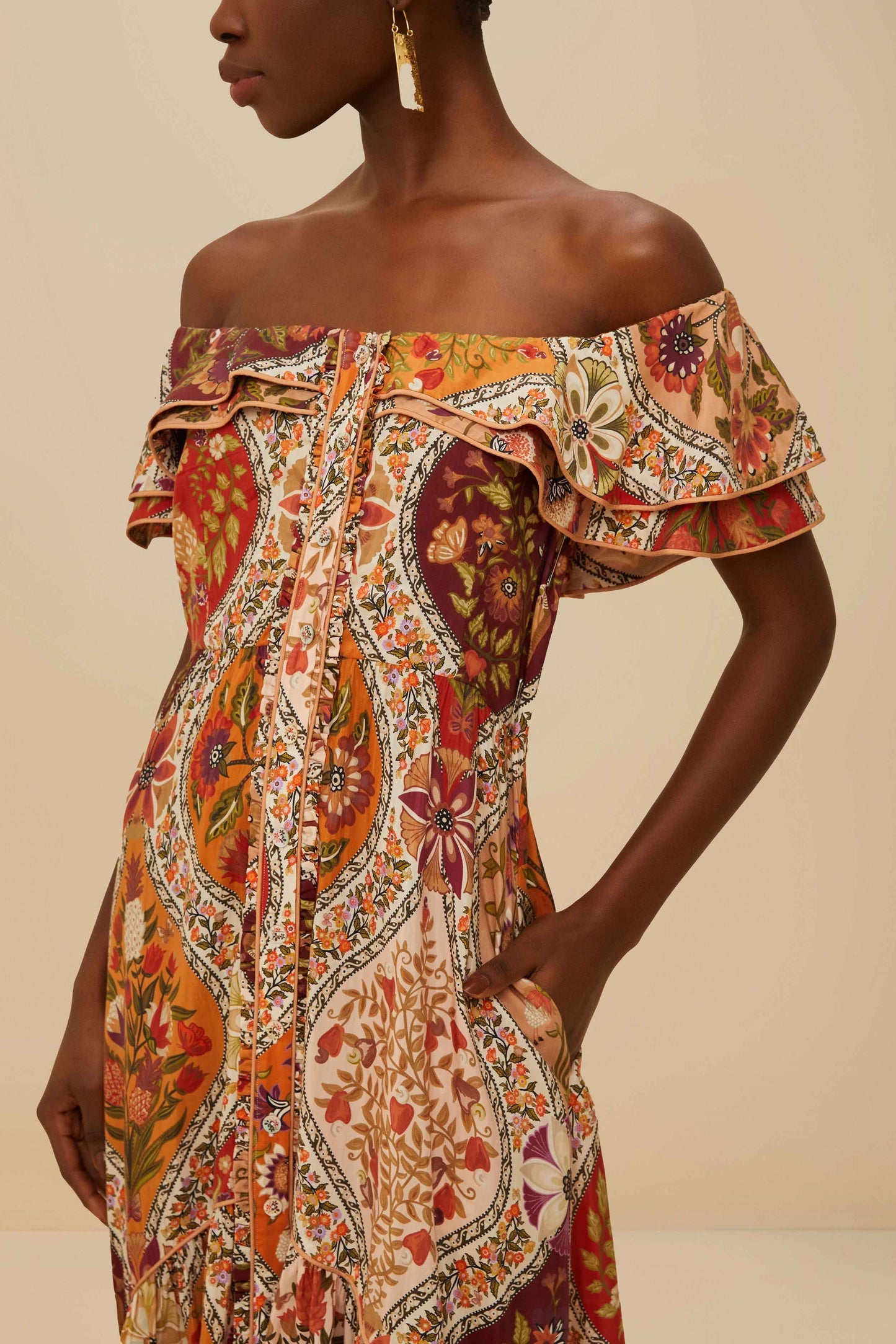 Multicolor Romantic Nature Off-Shoulder Maxi Dress | FARM Rio US