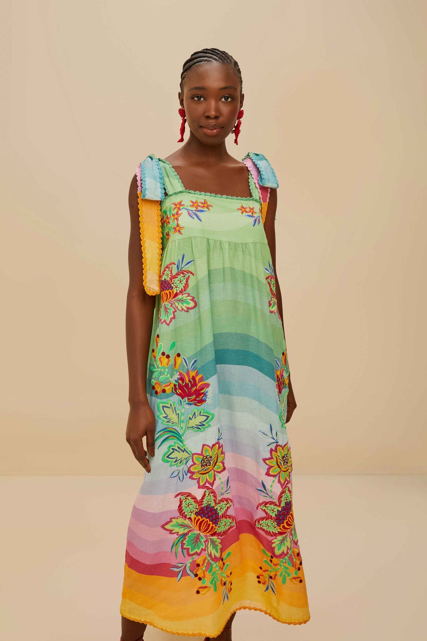 Multicolor Aura Floral Embroidered Euroflax™ Premium Linen Maxi Dress | FARM Rio Near Me