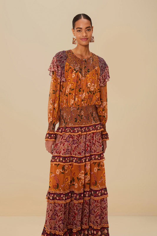 Colorful Birds Camel Smocking Long Sleeve Maxi Dress | FARM Rio Discount