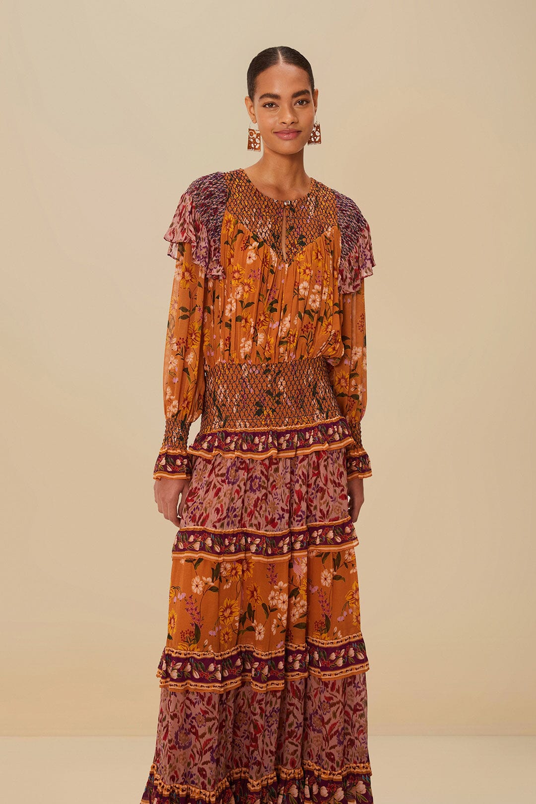 Colorful Birds Camel Smocking Long Sleeve Maxi Dress | FARM Rio Discount
