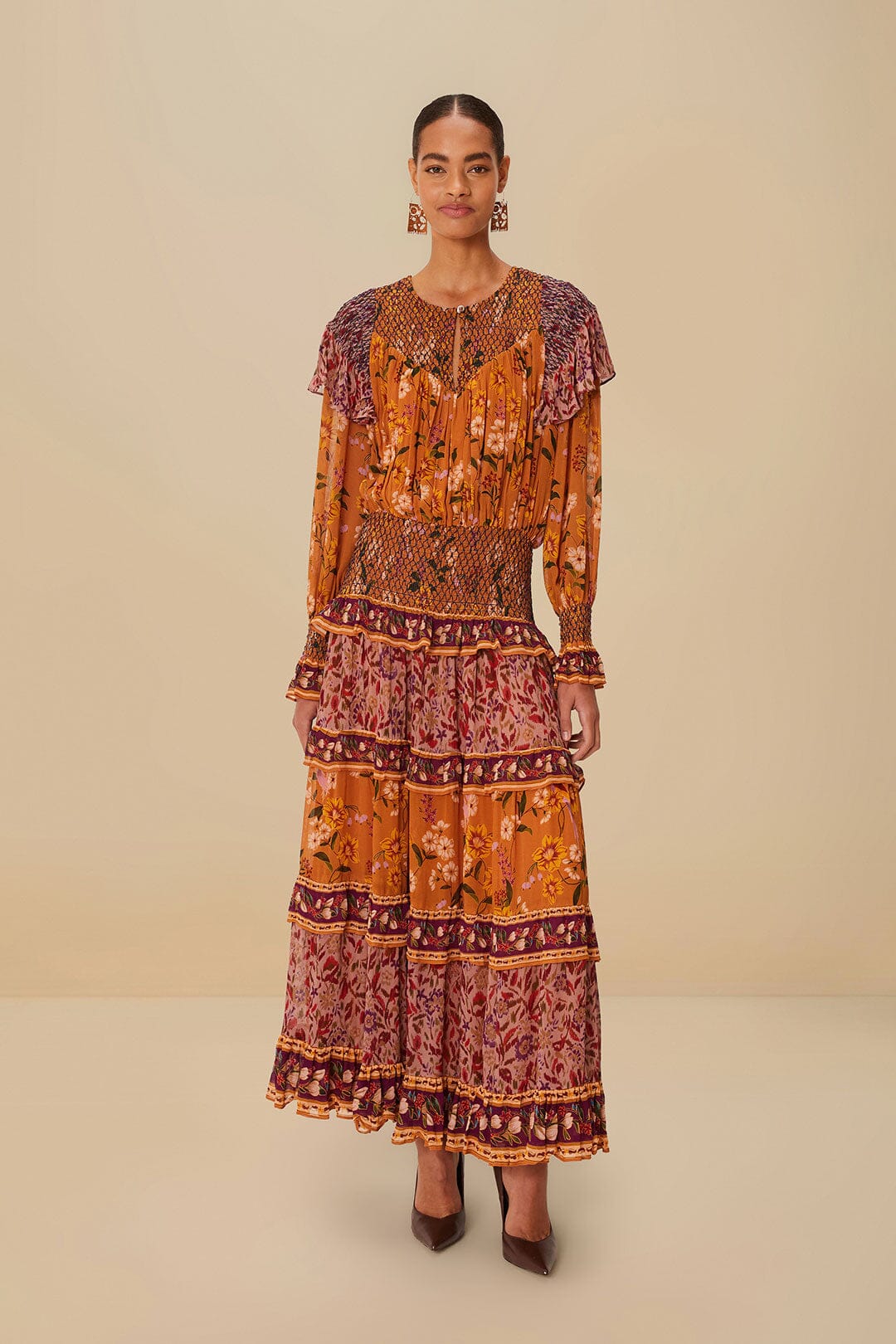 Colorful Birds Camel Smocking Long Sleeve Maxi Dress | FARM Rio Discount