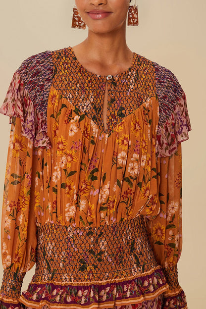 Colorful Birds Camel Smocking Long Sleeve Maxi Dress | FARM Rio Discount