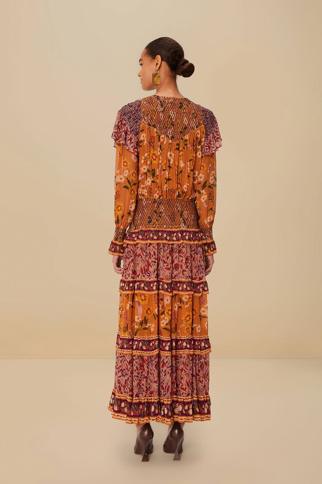 Colorful Birds Camel Smocking Long Sleeve Maxi Dress | FARM Rio Discount