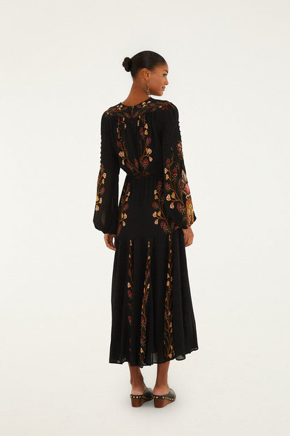 Black Berry Garden Long Sleeve Pleated Maxi Dress | FARM Rio | FARM Rio Outlet