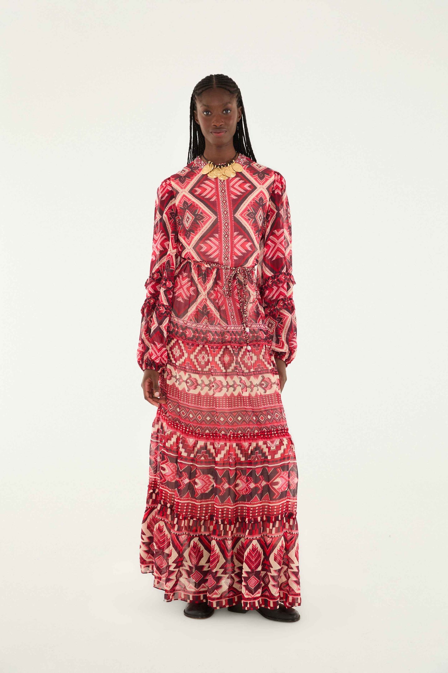 Red Graphic Ainika Belted Tiered Maxi Dress | FARM Rio | FARM Rio Discount
