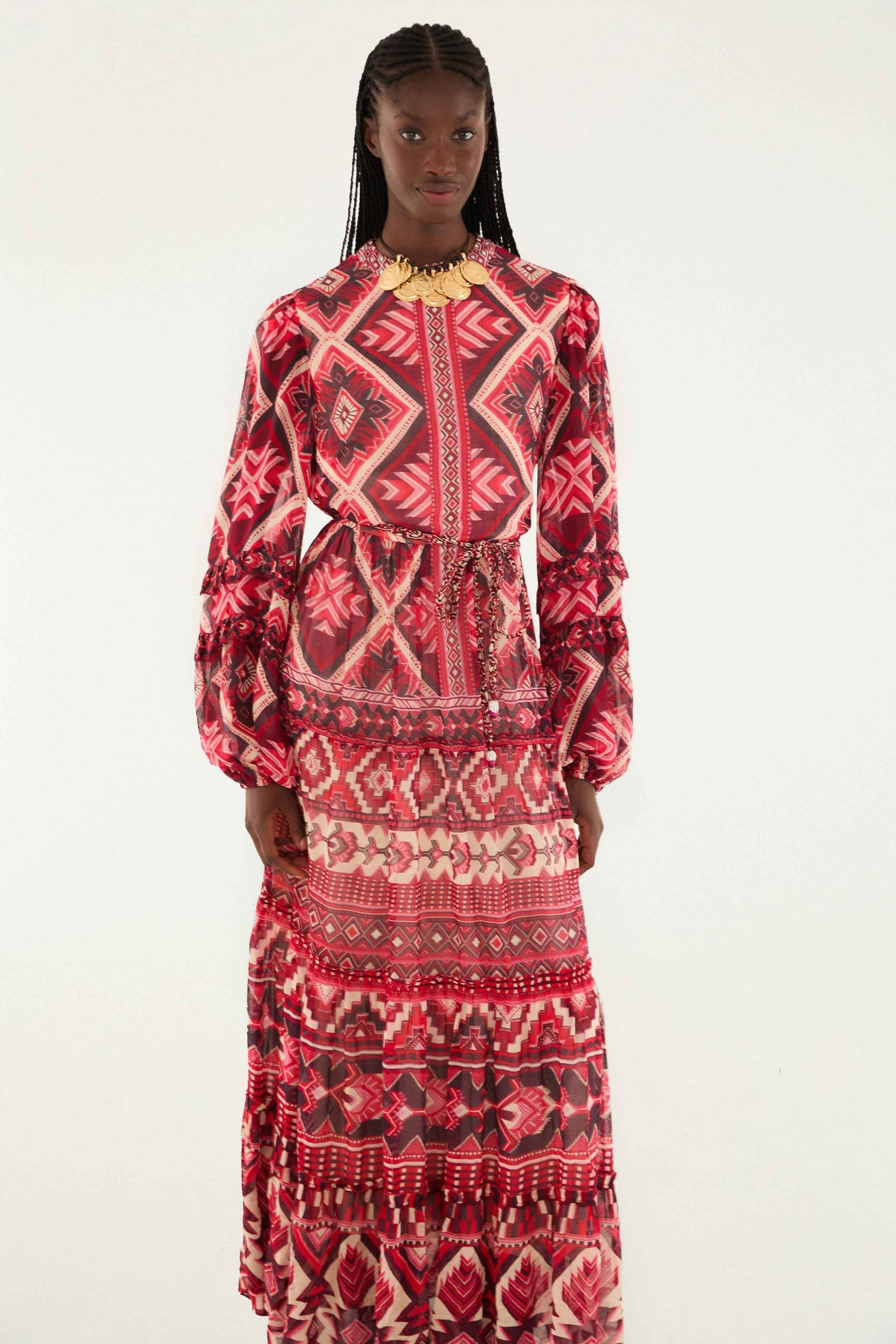 Red Graphic Ainika Belted Tiered Maxi Dress | FARM Rio | FARM Rio Discount