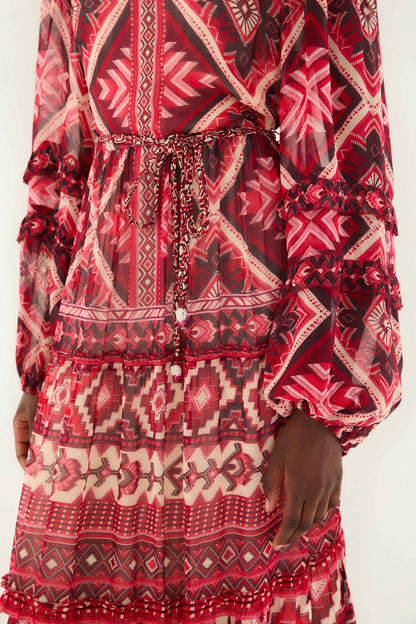 Red Graphic Ainika Belted Tiered Maxi Dress | FARM Rio | FARM Rio Discount