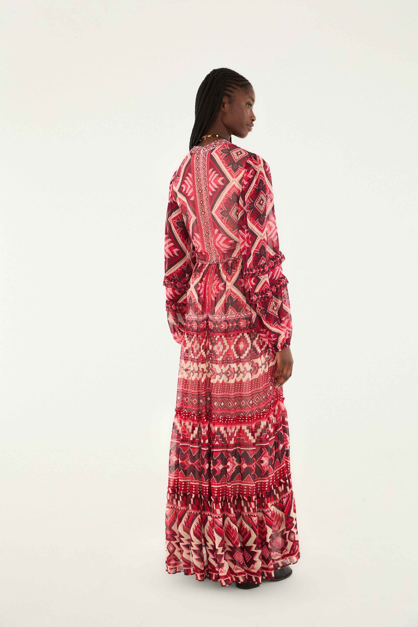 Red Graphic Ainika Belted Tiered Maxi Dress | FARM Rio | FARM Rio Discount