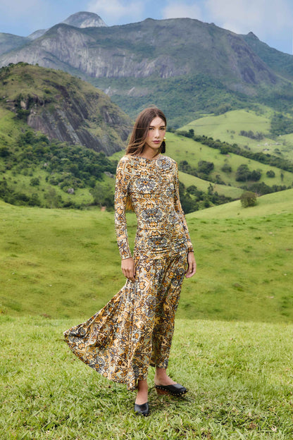 Blue Winter Tapestry Long Sleeve Maxi Dress | FARM Rio | FARM Rio