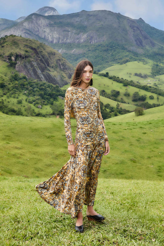 Blue Winter Tapestry Long Sleeve Maxi Dress | FARM Rio | FARM Rio