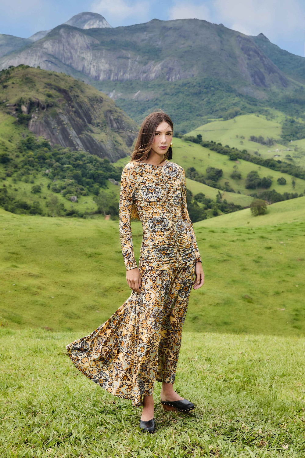 Blue Winter Tapestry Long Sleeve Maxi Dress | FARM Rio | FARM Rio