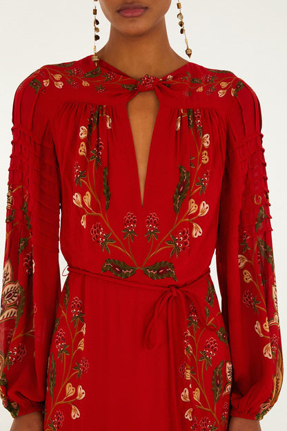 Red Berry Garden Long Sleeve Pleated Maxi Dress | FARM Rio | FARM Rio Discount