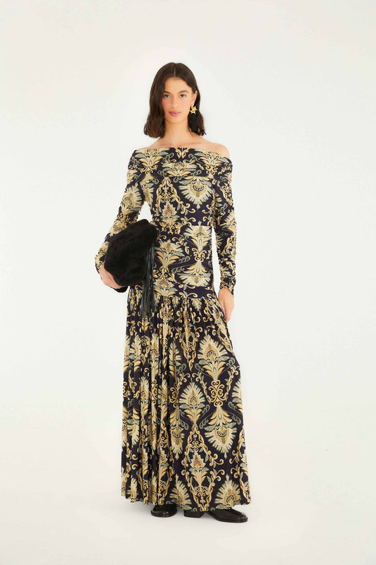 Navy Blue Wonderful Arabesque Off-Shoulder Maxi Dress | FARM Rio | FARM Rio US