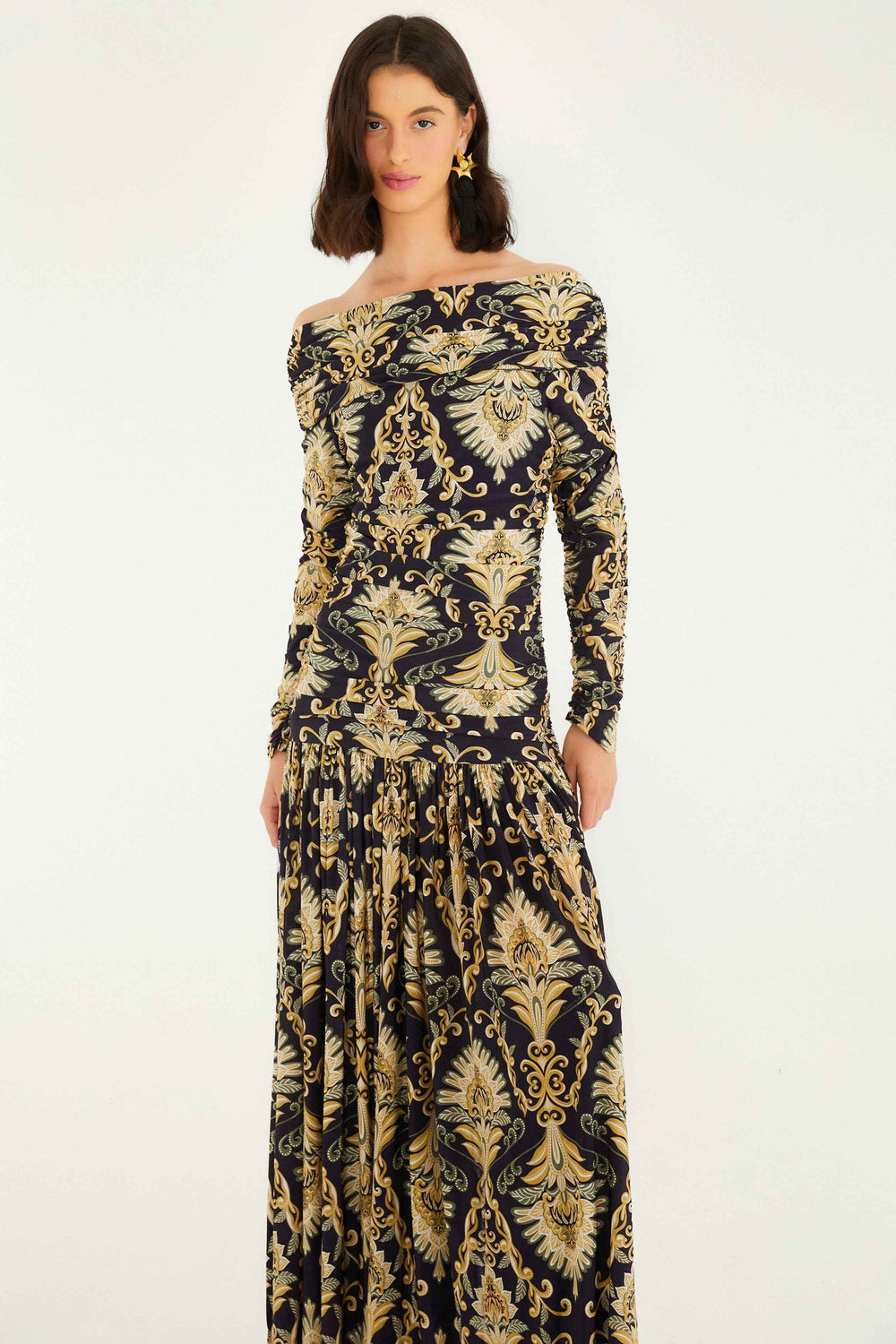Navy Blue Wonderful Arabesque Off-Shoulder Maxi Dress | FARM Rio | FARM Rio US