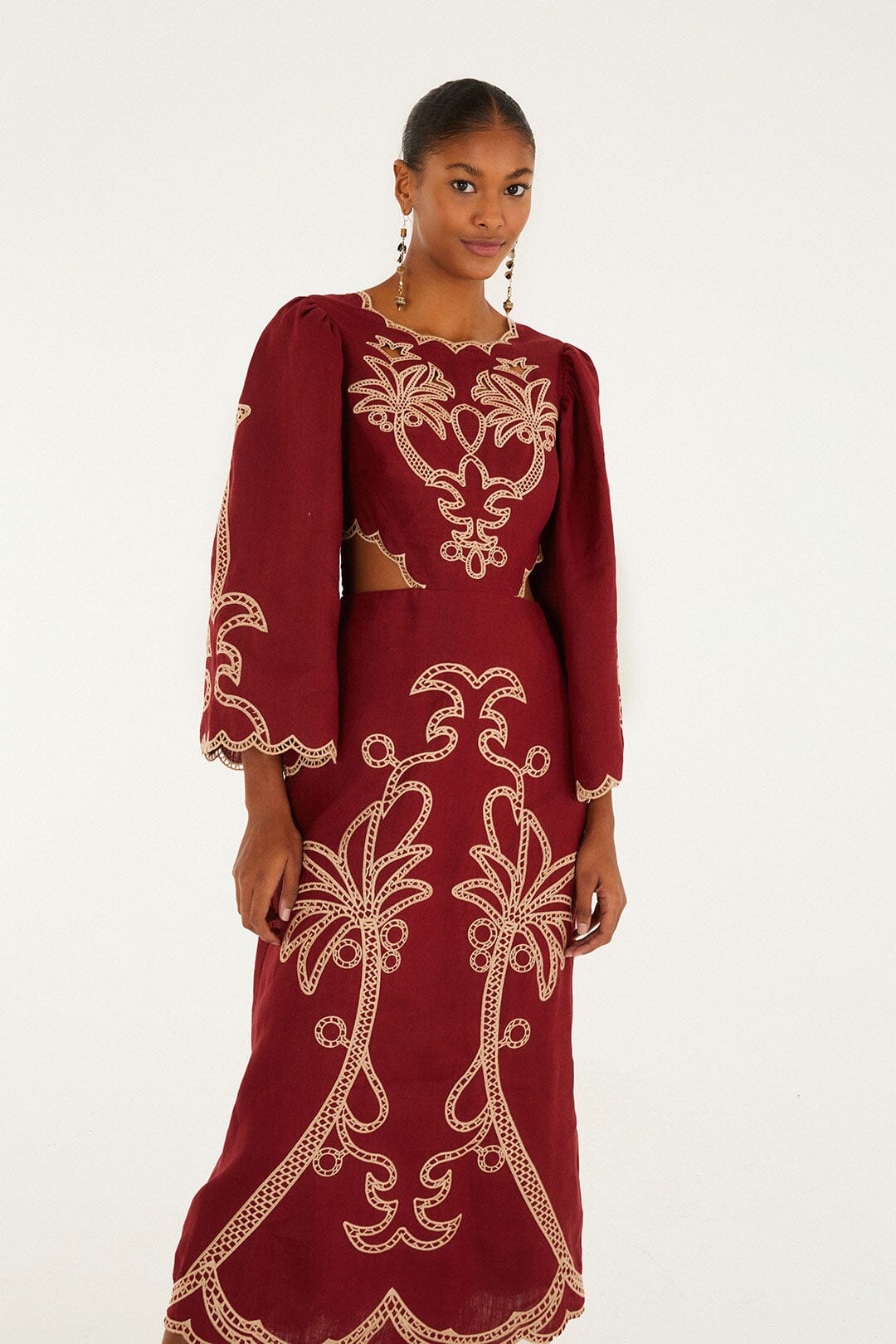 Red Artisanal Cut-Out Embroidered Euroflax� Premium Linen Maxi Dress | FARM Rio | FARM Rio On Sale