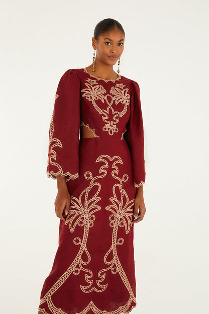Red Artisanal Cut-Out Embroidered Euroflax� Premium Linen Maxi Dress | FARM Rio | FARM Rio On Sale