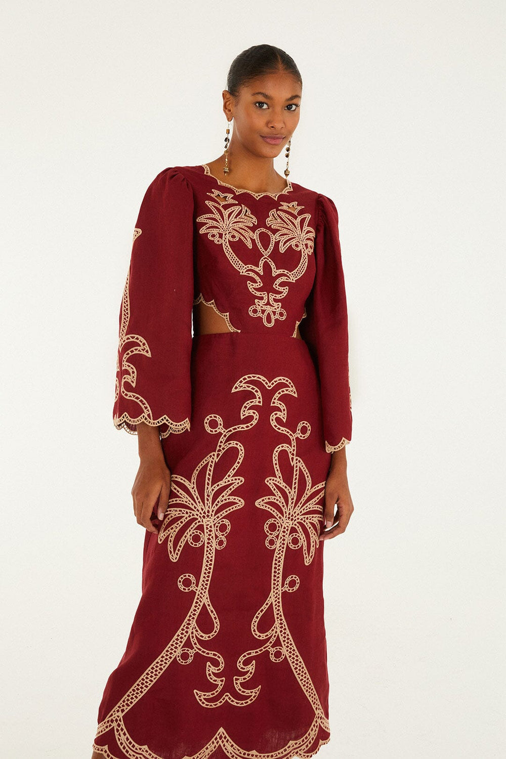 Red Artisanal Cut-Out Embroidered Euroflax� Premium Linen Maxi Dress | FARM Rio | FARM Rio On Sale