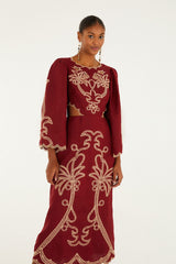 Red Artisanal Cut-Out Embroidered Euroflax� Premium Linen Maxi Dress | FARM Rio | FARM Rio On Sale