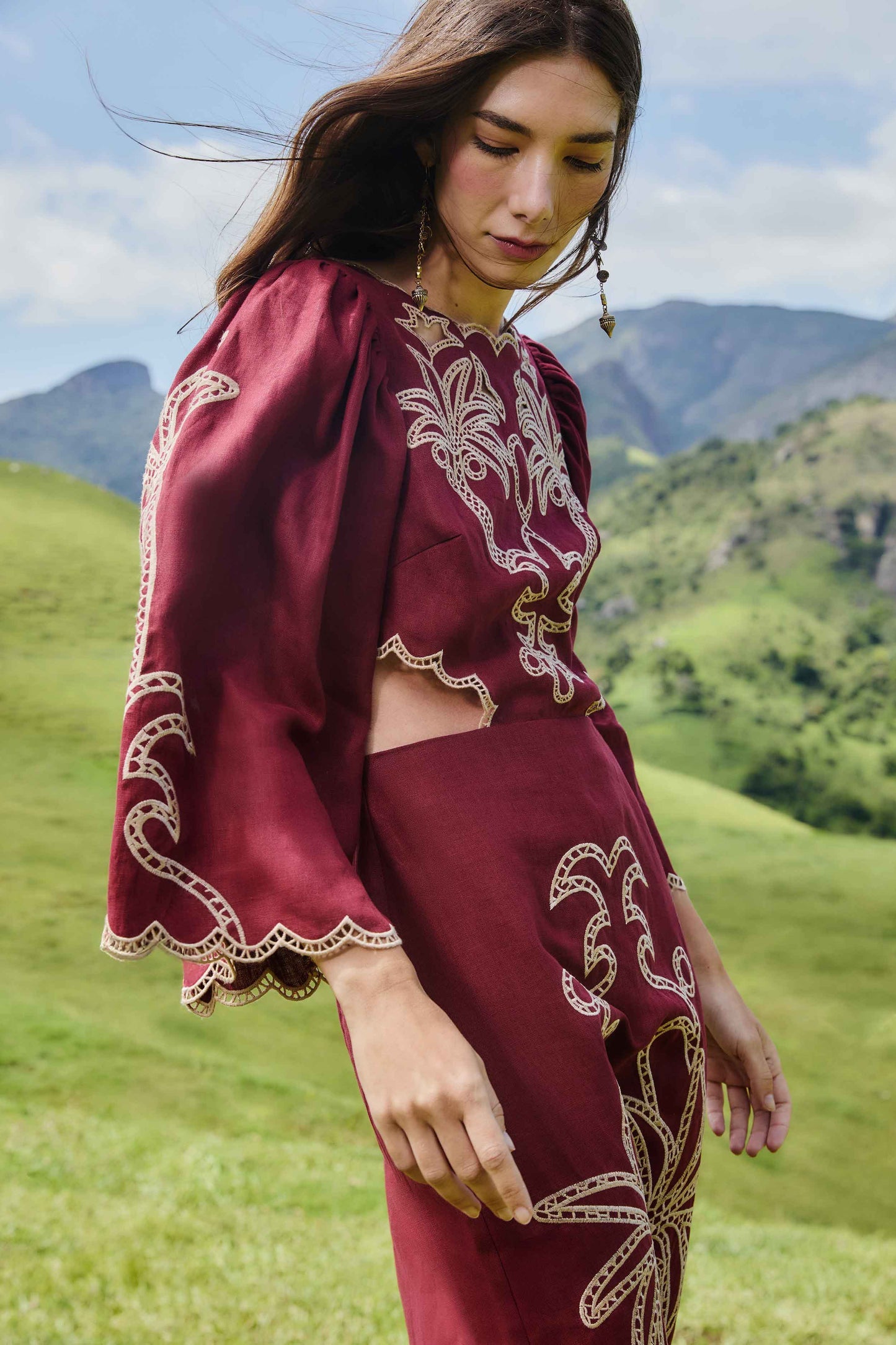 Red Artisanal Cut-Out Embroidered Euroflax� Premium Linen Maxi Dress | FARM Rio | FARM Rio On Sale