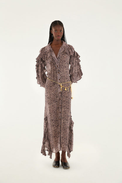 Pink Baby Leopard Long Sleeve Angled Frill Maxi Dress | FARM Rio | FARM Rio Online