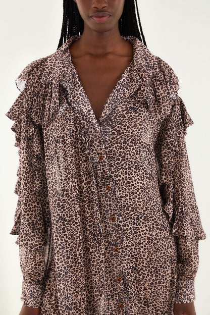 Pink Baby Leopard Long Sleeve Angled Frill Maxi Dress | FARM Rio | FARM Rio Online