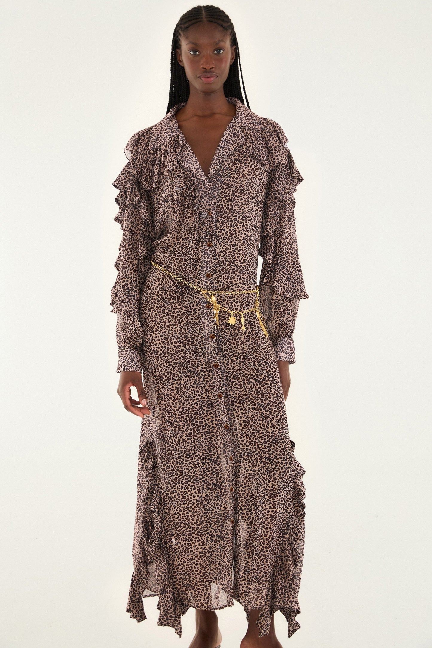 Pink Baby Leopard Long Sleeve Angled Frill Maxi Dress | FARM Rio | FARM Rio Online