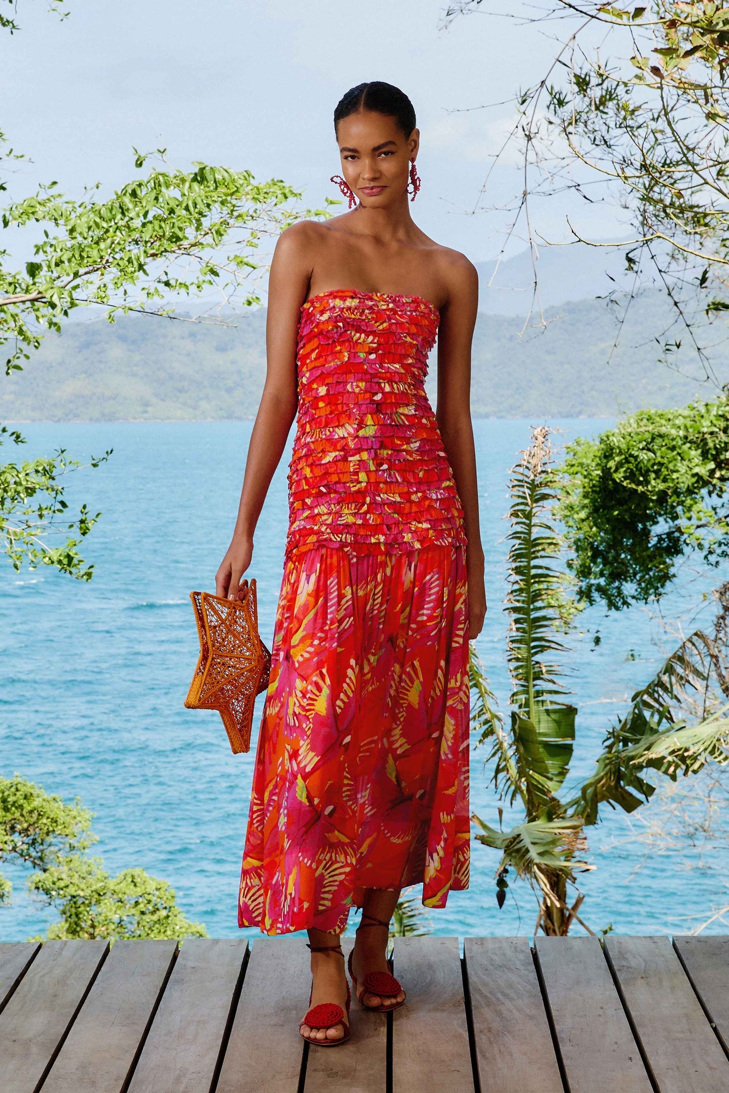 Orange Flying Birds Strapless Midi Dress | FARM Rio