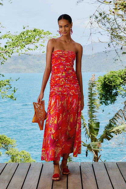 Orange Flying Birds Strapless Midi Dress | FARM Rio