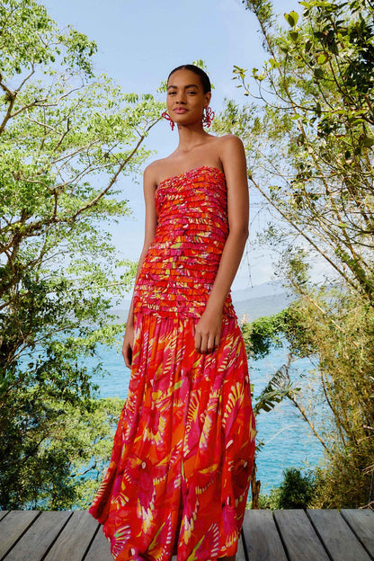 Orange Flying Birds Strapless Midi Dress | FARM Rio