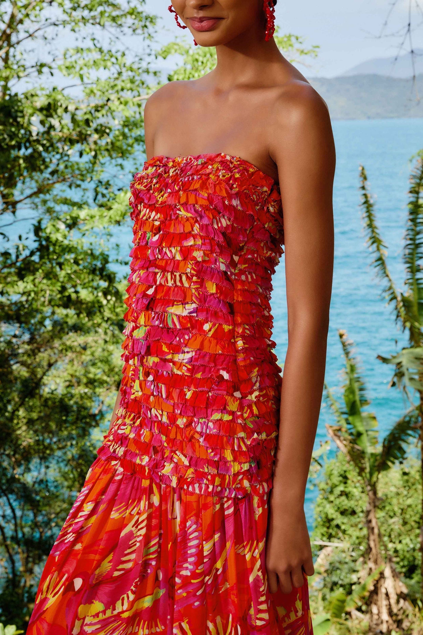 Orange Flying Birds Strapless Midi Dress | FARM Rio