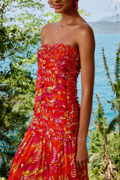 Orange Flying Birds Strapless Midi Dress | FARM Rio