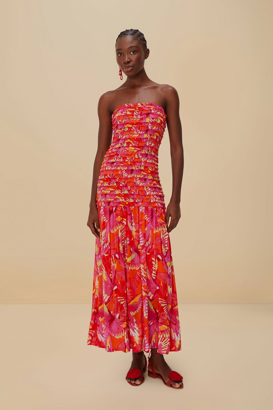 Orange Flying Birds Strapless Midi Dress | FARM Rio