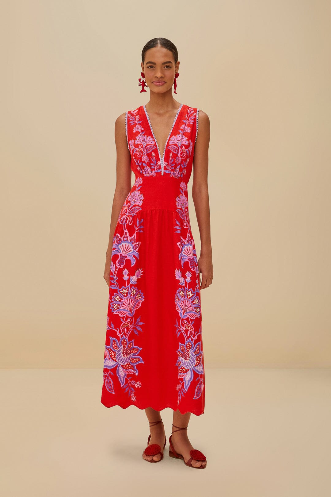 Red Porcelain Garden Euroflax™ Premium Linen Midi Dress | FARM Rio Online