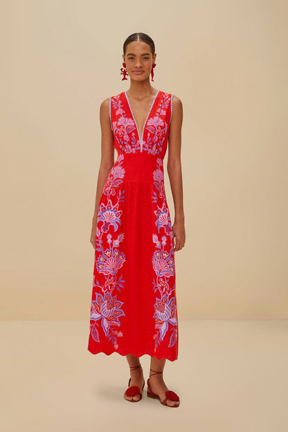 Red Porcelain Garden Euroflax™ Premium Linen Midi Dress | FARM Rio Online